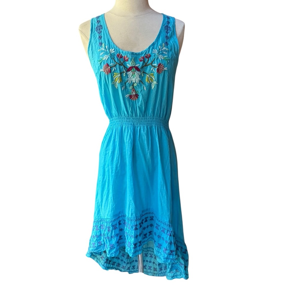 Johnny Was Floral Embroidered Sleeveless Smocked‎ Waist Rayon High Low Dress